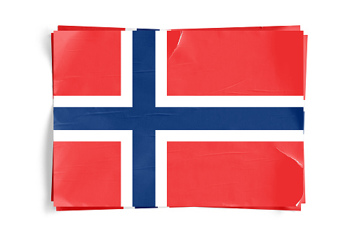 Realistic illustration of Norwegian flag on torned, wrinkled, dirty, grunge paper poster. Three of them on top of eachother. 3D rendering.