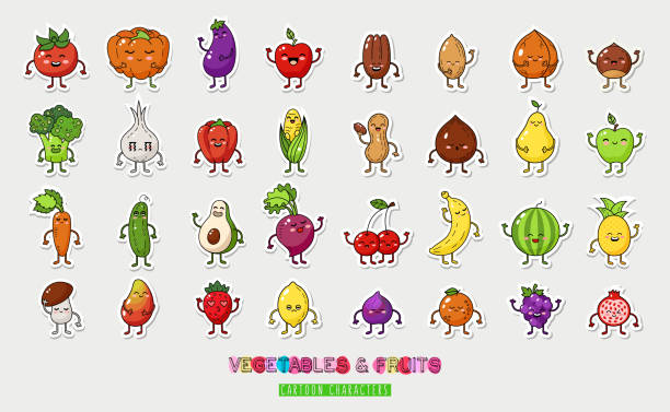 duży zestaw frutów i orzechów roślinnych. szczęśliwych postaci żywności. zestaw naklejek żywnościowych - grape nature design berry fruit stock illustrations