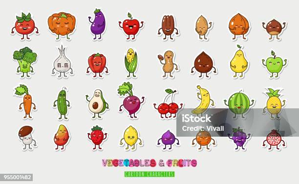 Vetores de Conjunto De Grandes Frutos E Nozes De Vegetais Personagens De Comida Feliz Conjunto De Adesivos De Comida e mais imagens de Fruta