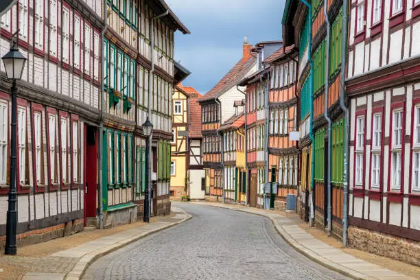 Street with historic timber framed houses in the centre of Wernigerode town in Saxony-Anhalt, Germany