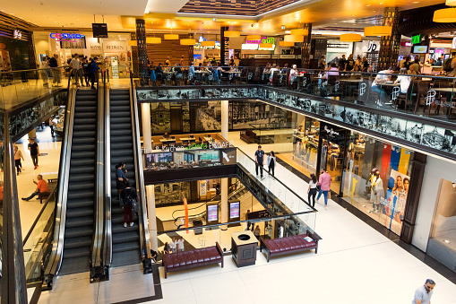 BERLIN - APRIL 28, 2018: Interior view of the new Mall of Berlin shopping centre at Leipziger Platz. The mall has various shopping facilities on four floors.