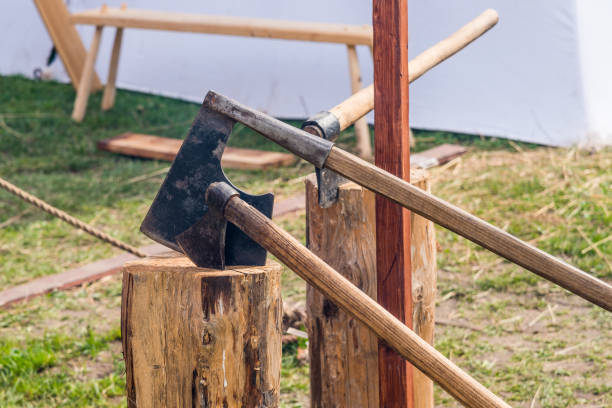 istock Old axes stuck in the log 955015694
