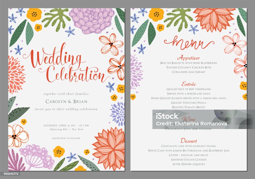 Invitation and Card Design Set_04 Wedding invitation and menu design template with floral wreath. Vector file. Flower stock vector