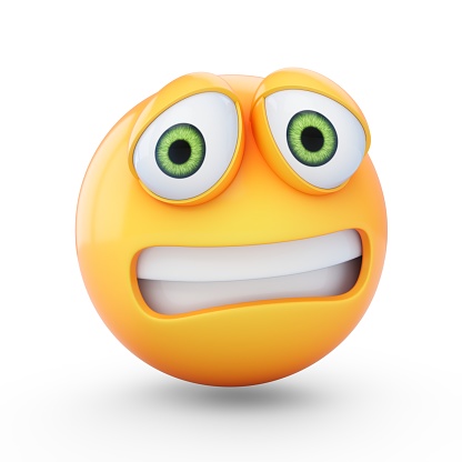 Blue eyed and smiling red emoji icon on white background. Embarrassed emoji.