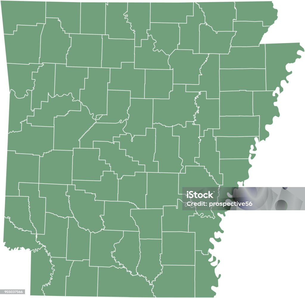 Arkansas county map vector outline illustration green background. Arkansas state of USA county map. County map of Arkansas state of United States of America Arkansas stock vector