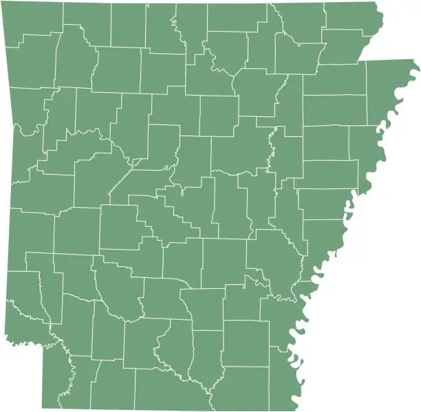 Vector illustration of Arkansas county map vector outline illustration green background. Arkansas state of USA county map. County map of Arkansas state of United States of America