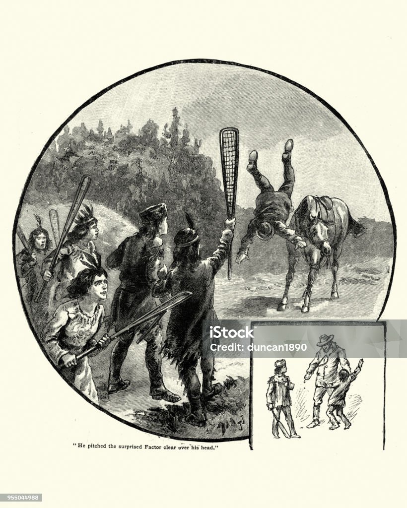 Native americans with Lacrosse sticks, 19th Century Vintage engraving of Native americans with Lacrosse sticks, 19th Century Indigenous Peoples of the Americas stock illustration