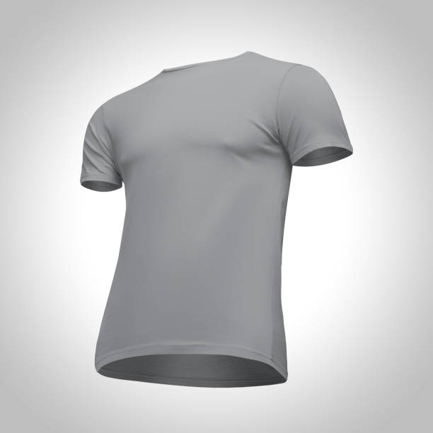 istock Blank template men grey t-shirt short sleeve, front view half turn bottom-up, isolated on gray background with clipping path. Mockup concept gray tshirt for design and print 955050674