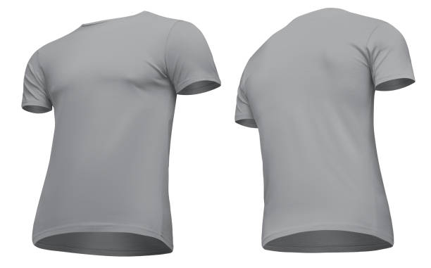 istock Blank template men grey t-shirt short sleeve, front and back view half turn bottom-up, isolated on white background with clipping path. Mockup concept tshirt for design and print 955050680