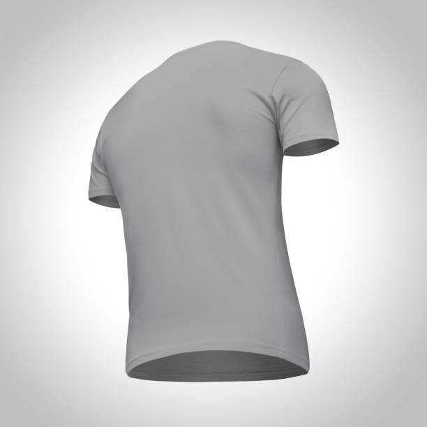 istock Blank template men grey t shirt short sleeve, back view bottom-up half turn, isolated on gray background with clipping path. Mockup concept tshirt for design and print 955050708