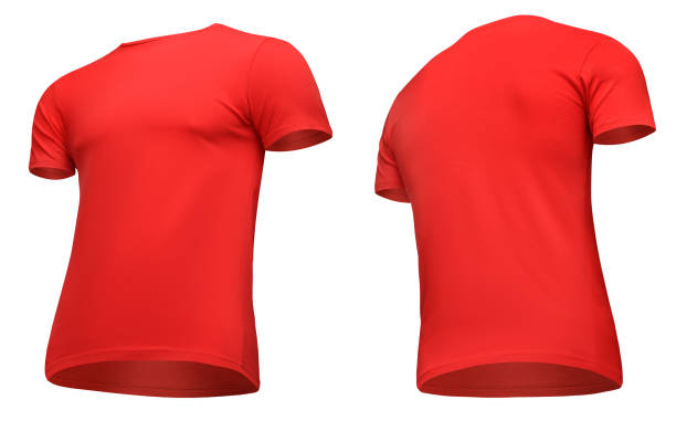 istock Blank template men red t shirt short sleeve, front and back view half turn bottom-up, isolated on white background with clipping path. Mockup concept tshirt for design and print 955050892