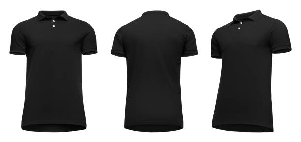 modello vuoto uomo polo nera manica corta, vista anteriore e posteriore metà girare in basso verso l'alto, isolato su sfondo bianco con percorso di ritaglio. t-shirt mockup concept per design e stampa - vista verso lalto foto e immagini stock