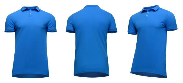 istock Blank template men blue polo shirt short sleeve, front and back view half turn bottom-up, isolated on white background with clipping path. Mockup concept t-shirt for design and print 955051130