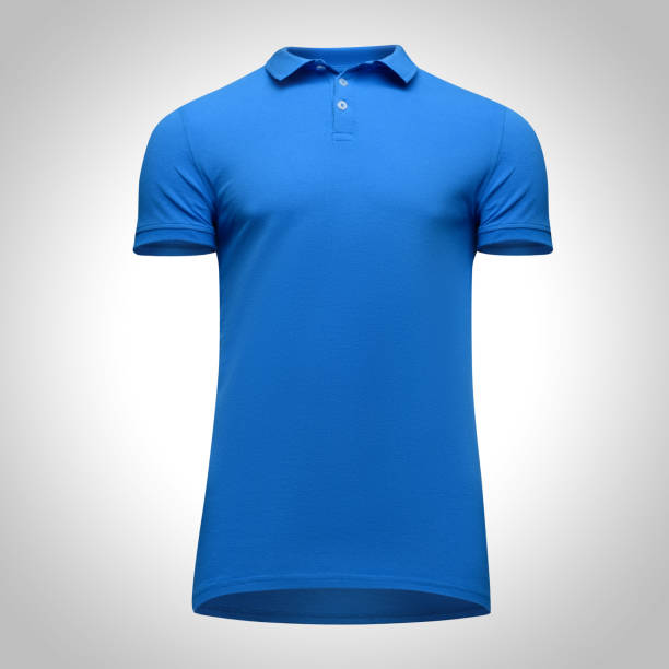 istock Blank template men blue polo shirt short sleeve, front view bottom-up, isolated on gray background with clipping path. Mockup concept t-shirt for design and print 955051136