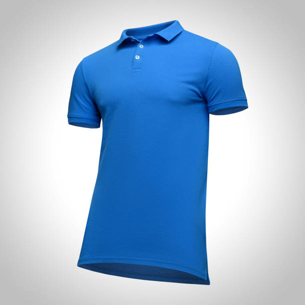 istock Blank template men blue polo shirt short sleeve, front view half turn bottom-up, isolated on gray background with clipping path. Mockup concept t-shirt for design and print 955051224