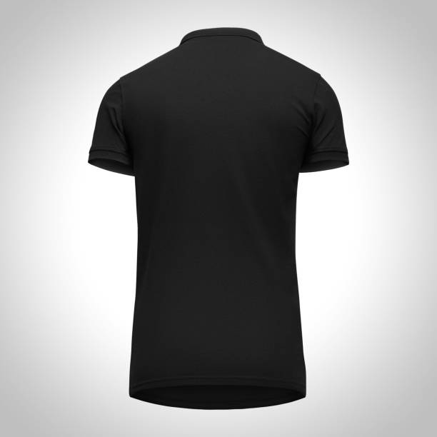 istock Blank template men black polo shirt short sleeve, back view bottom-up, isolated on gray background with clipping path. Mockup concept t-shirt for design and print 955051258