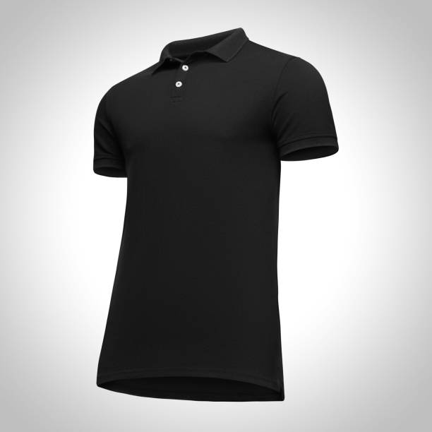 istock Blank template men black polo shirt short sleeve, front view half turn bottom-up, isolated on gray background with clipping path. Mockup concept t-shirt for design and print 955051304