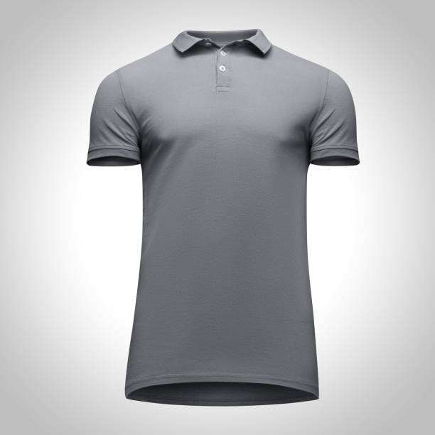 istock Blank template men grey polo shirt short sleeve, front view bottom-up, isolated on gray background with clipping path. Mockup concept t-shirt for design and print 955051314