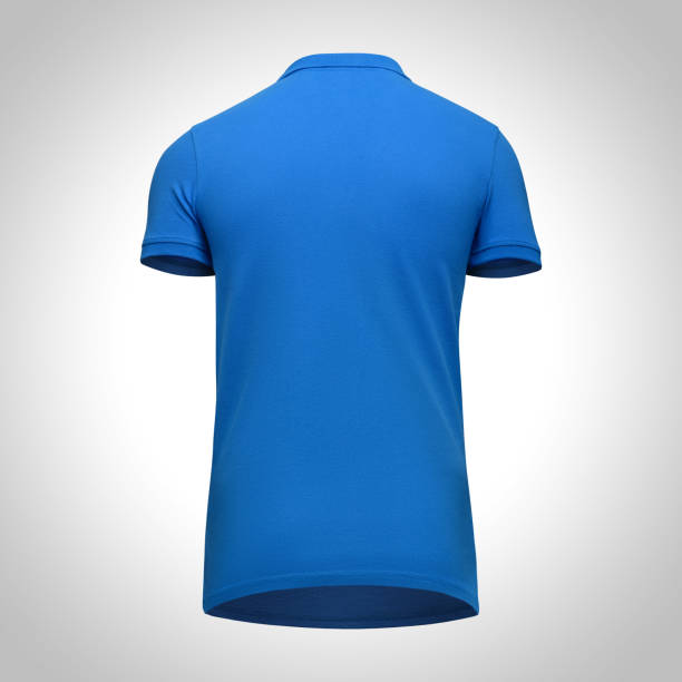 istock Blank template men blue polo shirt short sleeve, back view bottom-up, isolated on gray background with clipping path. Mockup concept t-shirt for design and print 955051348