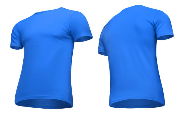 istock Blank template men blue t shirt short sleeve, front and back view half turn bottom-up, isolated on white background with clipping path. Mockup concept tshirt for design and print 955051556