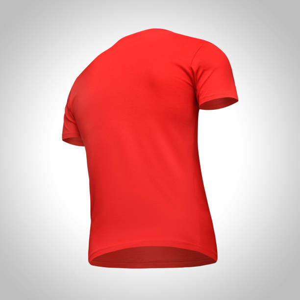 istock Blank template men red t shirt short sleeve, back view bottom-up half turn, isolated on gray background with clipping path. Mockup concept tshirt for design and print 955051558