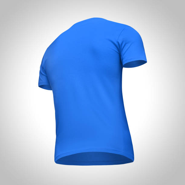 istock Blank template men blue t shirt short sleeve, back view bottom-up half turn, isolated on gray background with clipping path. Mockup concept tshirt for design and print 955051686