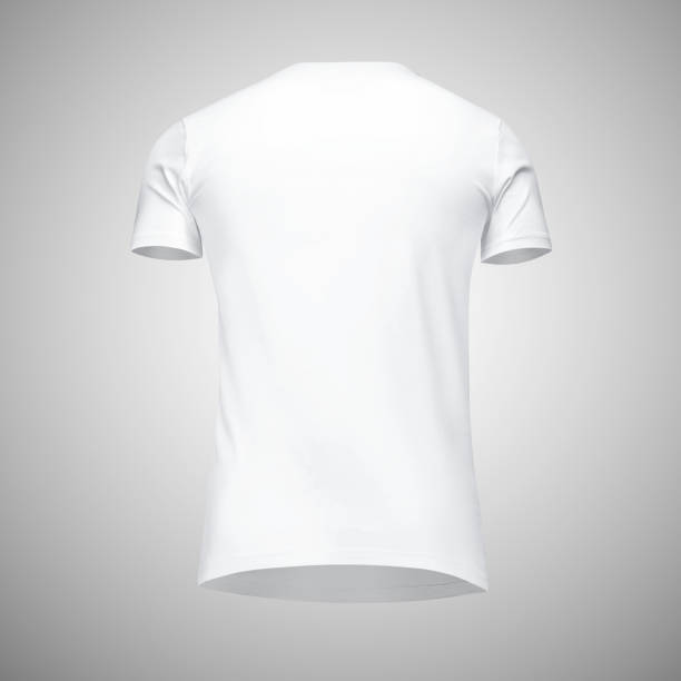 istock Blank template men white t shirt short sleeve, back view bottom-up, isolated on gray background with clipping path. Mockup concept tshirt for design and print 955051702