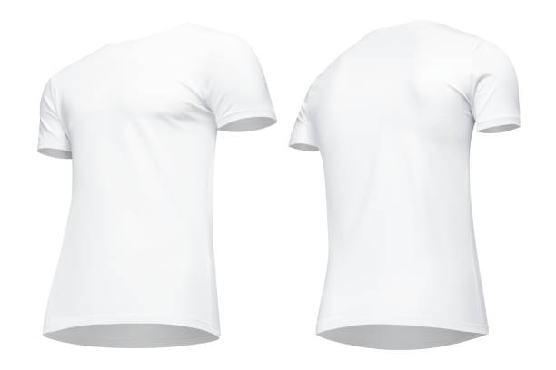 istock Blank template men white t shirt short sleeve, front and back view half turn bottom-up, isolated on white background with clipping path. Mockup concept tshirt for design and print 955060074