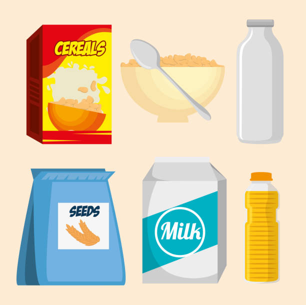 영양 음식 아이콘의 그룹 - cereal box food carbohydrate stock illustrations