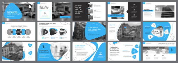 Blue, white and black infographic elements for presentation Blue, white and black infographic elements for presentation slide templates. Business and research concept can be used for annual report, advertising, flyer layout and banner. sliding stock illustrations