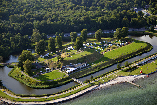 Aerial shot of the Charlottenlund Fort camping site in the northern part of Copenhagen, the capital of Denmark.