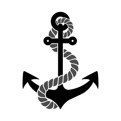 Black silhouette of an anchor with a piece of rope, isolated.