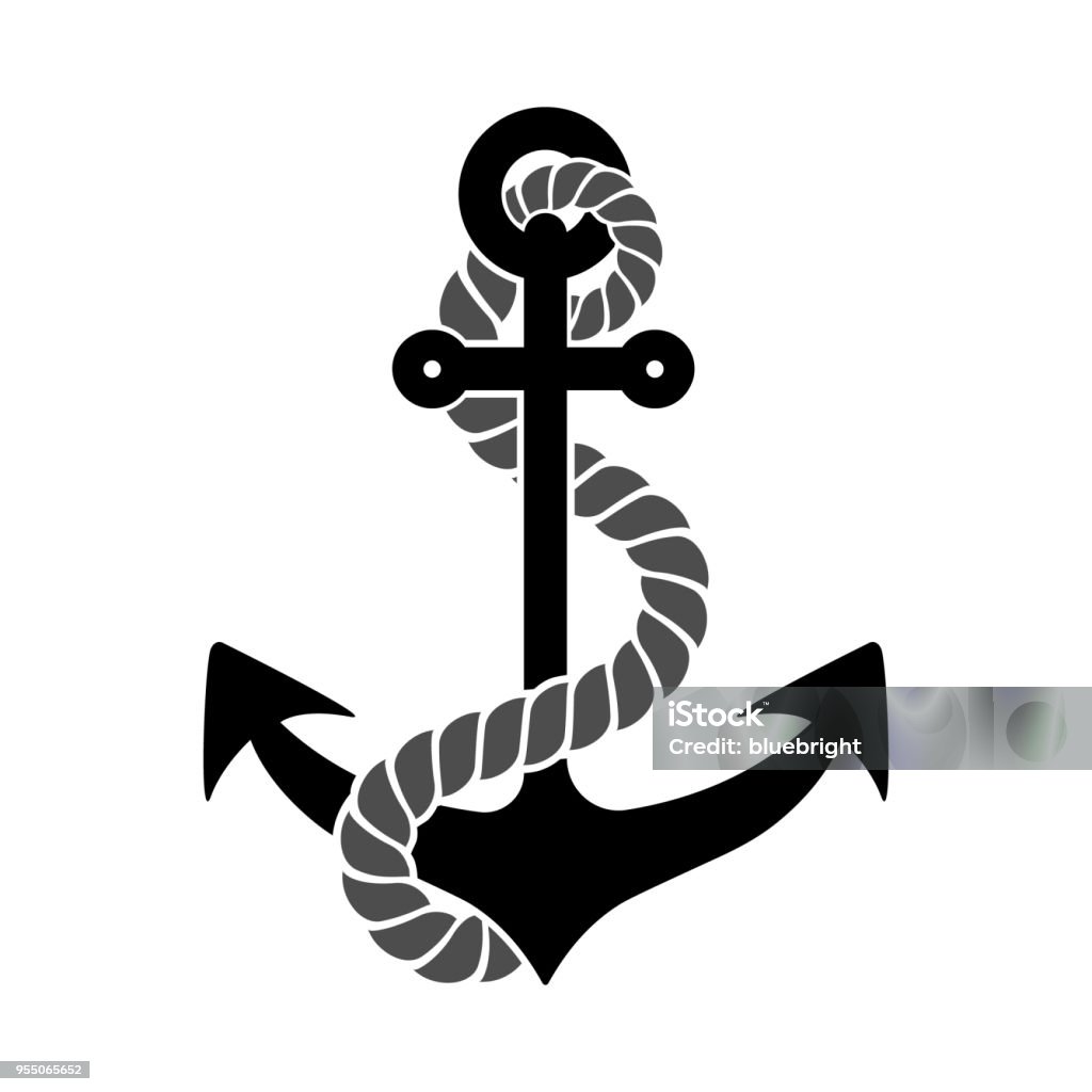 Anchor with Rope Black silhouette of an anchor with a piece of rope, isolated. Anchor - Vessel Part stock vector