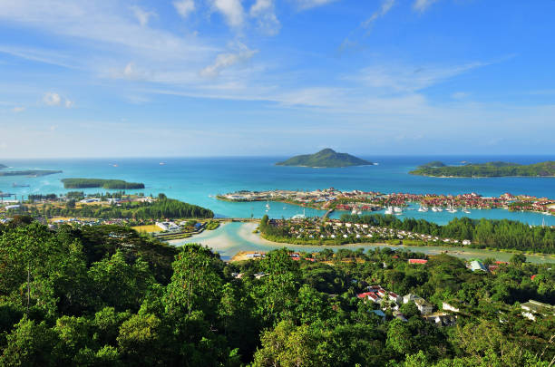 Seychelles Islands from above. Mahe Aerial view on the coastline of the Seychelles Islands and luxury Eden Island from Victoria viewpoint, Mahe seychelles stock pictures, royalty-free photos & images