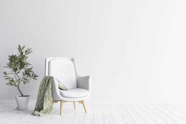istock Living room interior with white sofa and flower, white wall mock up background 955069470