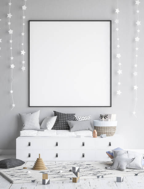 Mock up poster frame in children room, Scandinavian style interior background