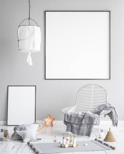 istock Mock up posters frame in children room, scandinavian style interior background 955069474
