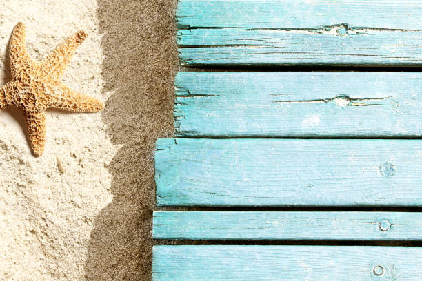 istock Blue wooden board on the beach 955075144