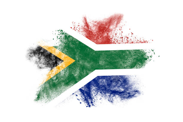 South Africa Abstract exploding powder in colors of South African flag, isolated on white background. south africa flag stock pictures, royalty-free photos & images
