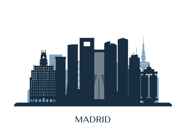 ilustraciones, imágenes clip art, dibujos animados e iconos de stock de skyline de madrid, silueta monocromo. ilustración de vector. - madrid
