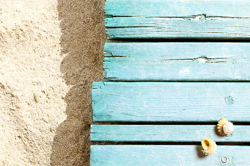 Summertime theme. Marine life on blue wooden boards and sand on the beach. Two yellow seashells. Horizontal orientation.