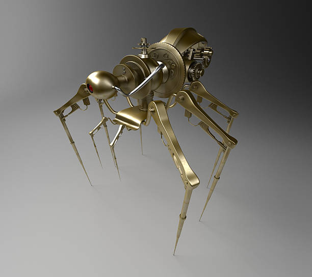 Spider - spy 3d render of golden steampunk spider machine robot spider stock pictures, royalty-free photos & images