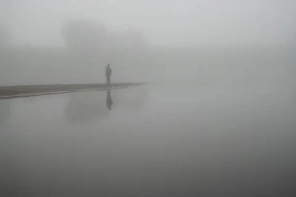 autumn, fisherman, fishing, fog, landscape, morning, river, water, foggy, lake, lonely, beautiful, misty, nature, person, boat, reflection, fall, mist, outdoor, weather, blue, bank