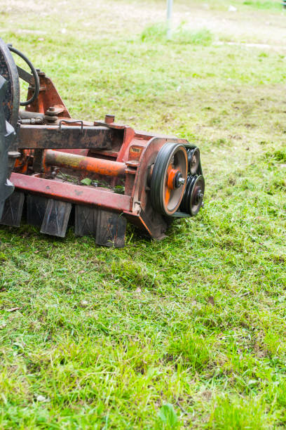 istock Tractor with lawn mowing grass in a Public Park 955083536