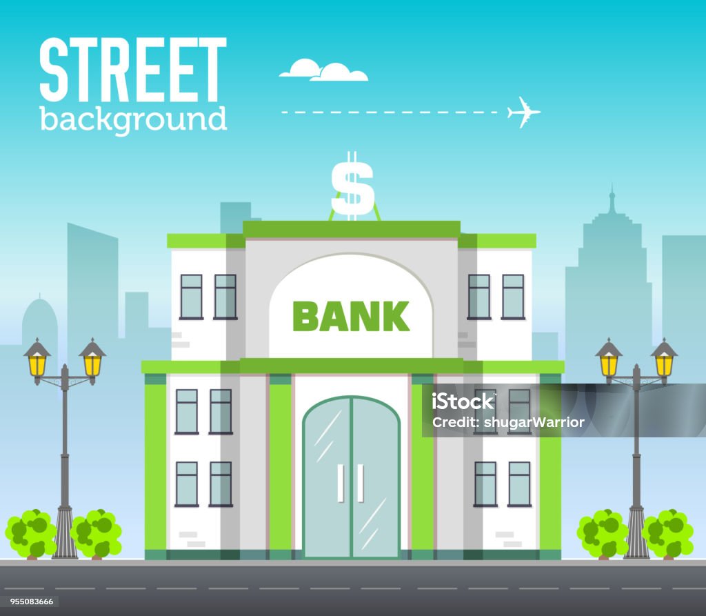 bank building in city space with road on flat style background concept. Vector illustration design bank building in city space with road on flat style background concept. Vector illustration Bank - Financial Building stock vector