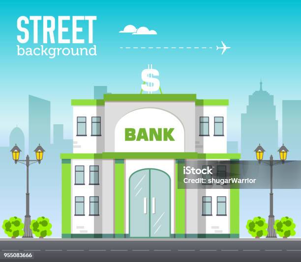 Bank Building In City Space With Road On Flat Style Background Concept Vector Illustration Design Stock Illustration - Download Image Now