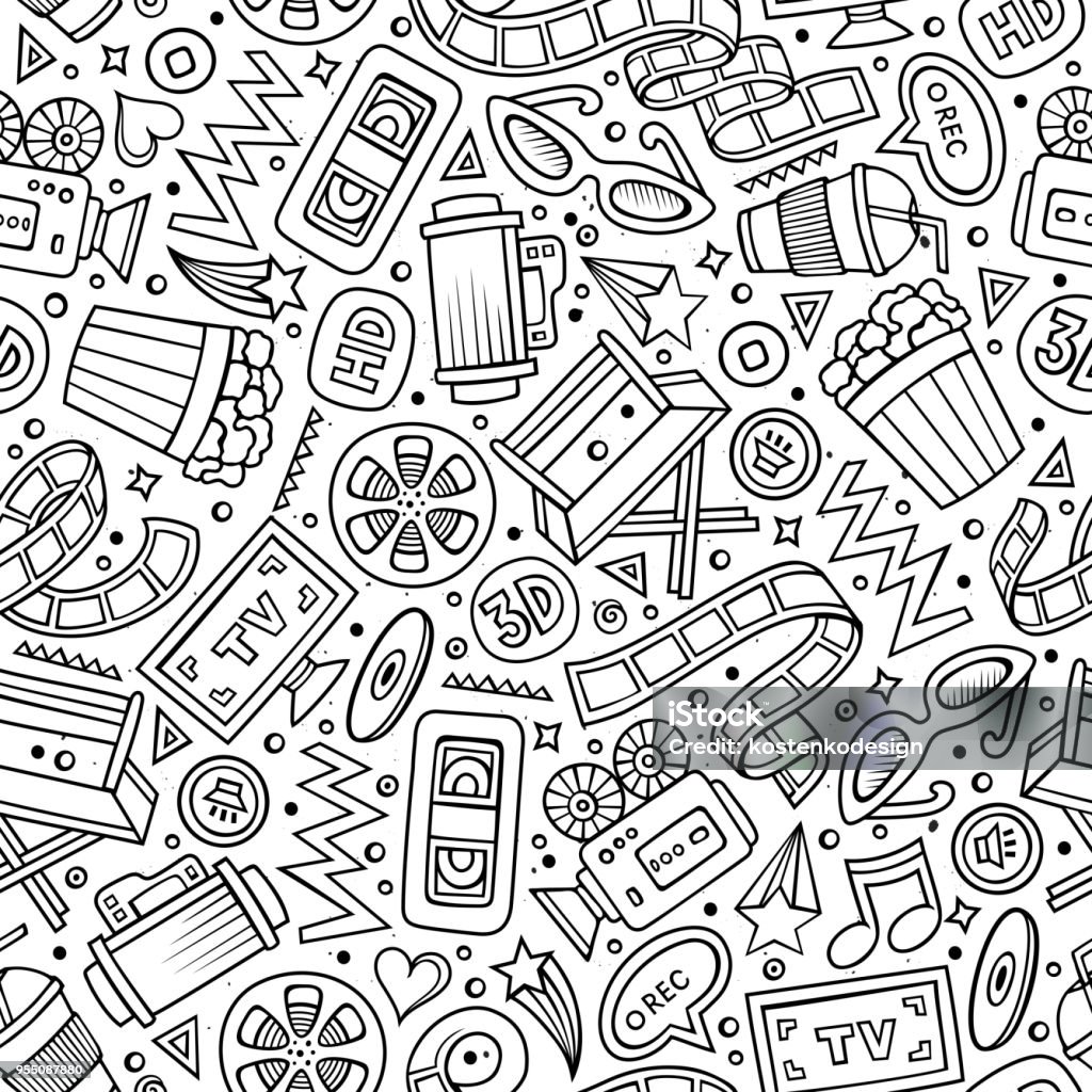 Cartoon Cute Hand Drawn Cinema Seamless Pattern Stock Illustration -  Download Image Now - Movie Theater, Film Industry, Backgrounds - iStock