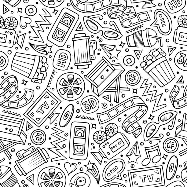 Cartoon cute hand drawn Cinema seamless pattern Cartoon cute hand drawn Cinema seamless pattern. Line art detailed, with lots of objects background. Endless funny vector illustration features stock illustrations