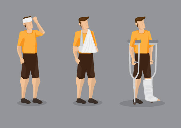 Injured Man Vector Character Illustration Vector illustration of man with head bandage, arm sling and leg plaster cast with crutch isolated on grey background. arm sling stock illustrations