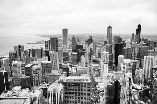 Chicago skyline aerial view in black and white.